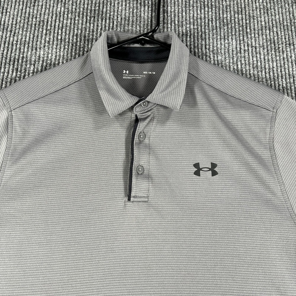 Under Armour Polo Shirt Mens Medium Gray Short Sleeve Loose Fit Golf Casual‎